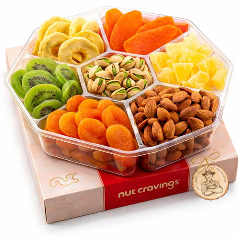 Gourmet  Treats - Dried Fruit & Mixed Nuts Gift Basket in Red Box (7 Assortments, 2 LB) Food Arrangement, Healthy Snack Care Package, Kosher