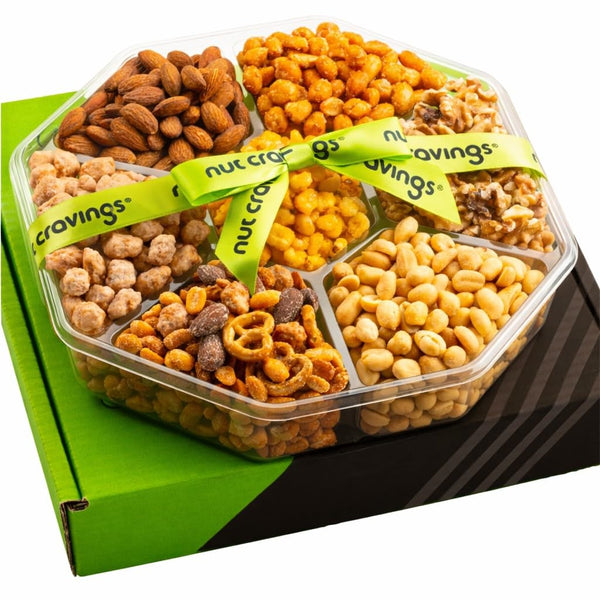 Gourmet  Treats - Mixed Nuts Gift Basket + Green Ribbon Classic (7 Assortments, 1 LB)