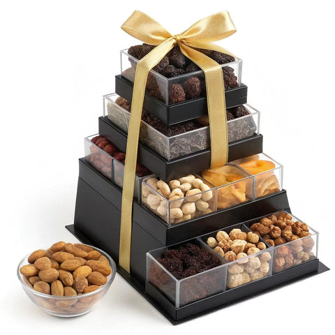 Gourmet  Treats - Dried Fruit & Mixed Nuts Gift Basket, in Black Tower + Ribbon (8 Assortments)