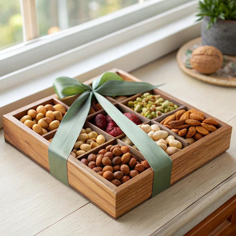 Gourmet  Treats - Mixed Nuts Gift Basket in Reusable Wooden Tray + Green Ribbon (12 Assortments)