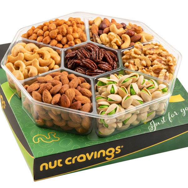 Gourmet  Treats - Mixed Nuts Gift Basket in Green Gold Box (7 Assortments, 1 LB)