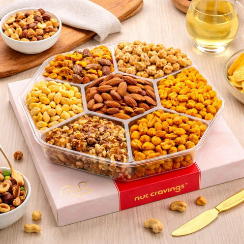 Gourmet  Treats - Mixed Nuts Gift Basket in Red Gold Classic Box (7 Assortments, 1 LB)