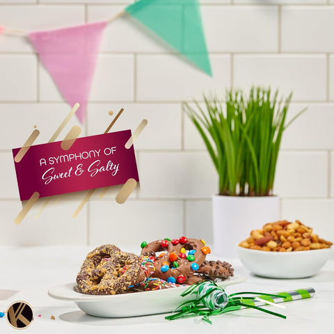 Creamy Chocolate Cravings -  Chocolate Covered Pretzel Twists Gift Basket, in Confetti Tower (12 Pretzels, Assorted Sweet Toppings)
