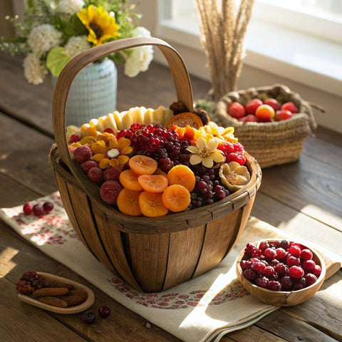 Dried Fruit Flower Bouquet Arrangement in Wooden Apple-Shaped Gift Basket + Tray (9 Assortment)