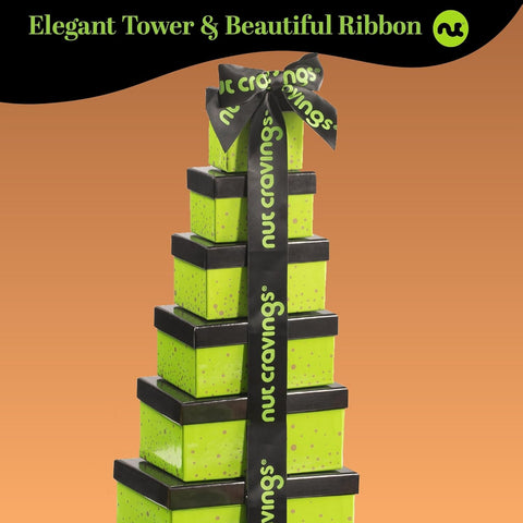Gourmet  Treats - Dried Fruit & Mixed Nuts Gift Basket in Black Tower + Ribbon (12 Assortments)