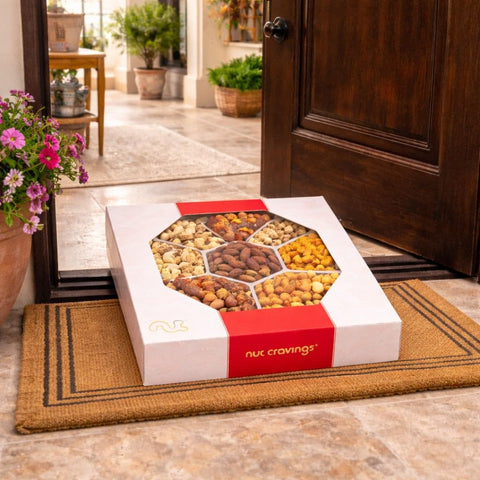 Gourmet  Treats - Mixed Nuts Gift Basket in Red Gold Classic Box (7 Assortments, 1 LB)