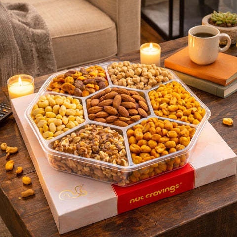 Gourmet  Treats - Mixed Nuts Gift Basket in Red Gold Classic Box (7 Assortments, 1 LB)