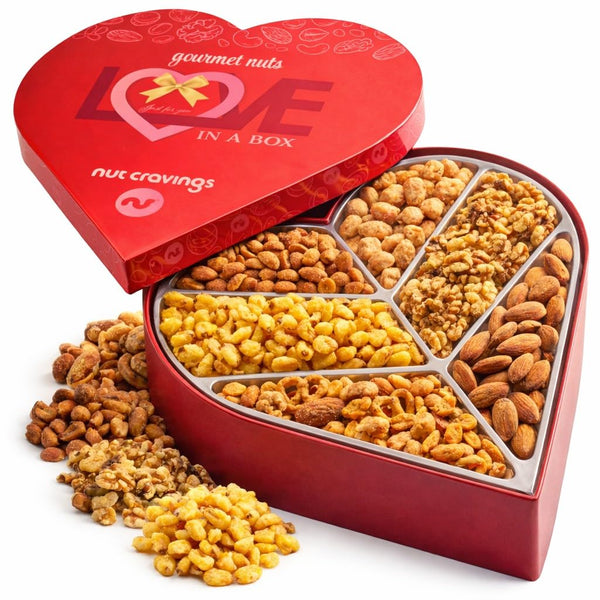 Gourmet  Treats - Mixed Nuts Heart Shaped Gift Basket, Love in A Box (6 Assortments, 2 LB)