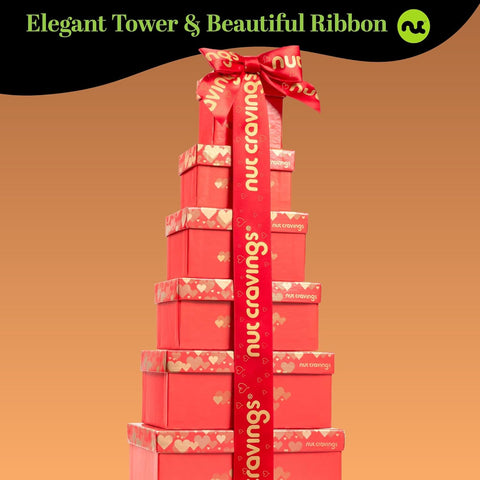 Gourmet  Treats - Dried Fruit & Mixed Nuts Gift Basket Green Tower + Ribbon (12 Assortments) 