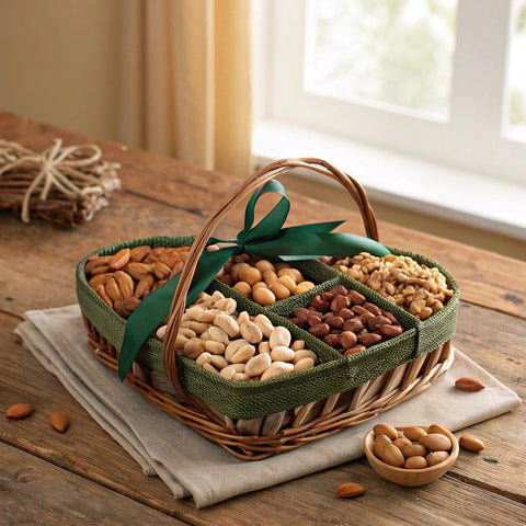 Gourmet  Treats - Mixed Nuts Gift Basket + Green Ribbon (7 Assortments, 1 LB)