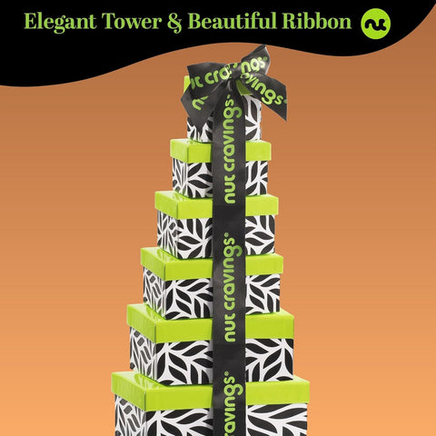 Gourmet  Treats - Dried Fruit & Mixed Nuts Gift Basket Leaf Tower + Ribbon (12 Assortments)