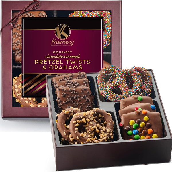 Creamy Chocolate Cravings -  Chocolate Covered Pretzel Twists & Grahams Cookies Gift Basket, in Brown Gift Box (12 Count, Assorted Sweet Toppings)