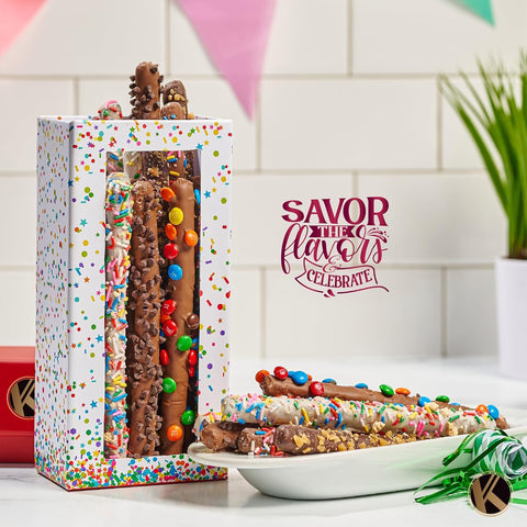 Creamy Chocolate Cravings -  Chocolate Covered Pretzel Rods Gift Basket, in Confetti Tower (10 Pretzels, Assorted Sweet Toppings)