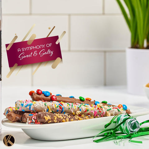 Creamy Chocolate Cravings -  Chocolate Covered Pretzel Rods Gift Basket, in Clear Tube (8 Pretzels, Assorted Sweet Toppings)