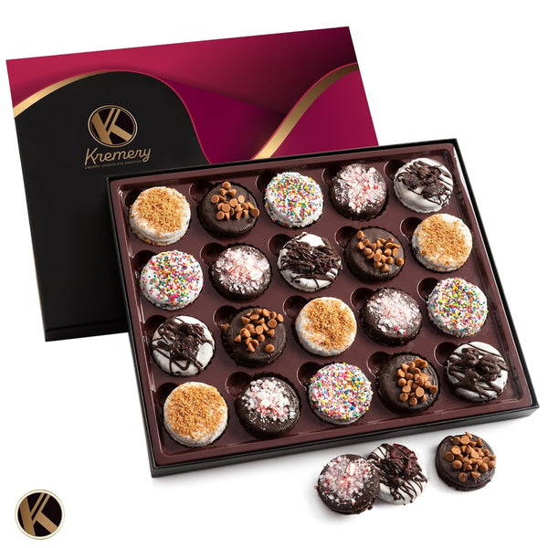 Creamy Chocolate Cravings -  Chocolate Covered Sandwich Cookies & Cream Gift Basket, in Elegant Gift Box (20 Cookies, Assorted Sweet Toppings)