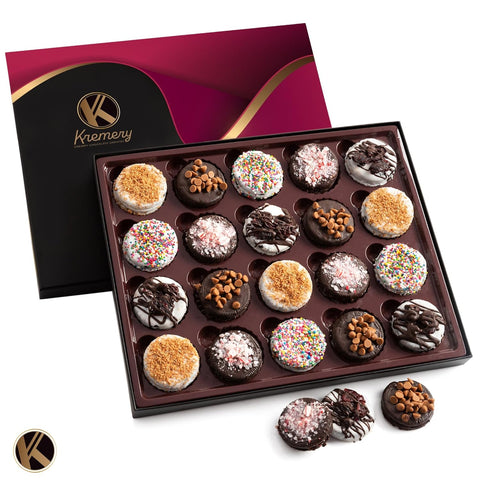 Creamy Chocolate Cravings -  Chocolate Covered Sandwich Cookies & Cream Gift Basket, in Elegant Gift Box (20 Cookies, Assorted Sweet Toppings)
