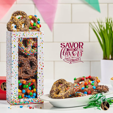 Creamy Chocolate Cravings -  Chocolate Covered Pretzel Twists Gift Basket, in Confetti Tower (12 Pretzels, Assorted Sweet Toppings)