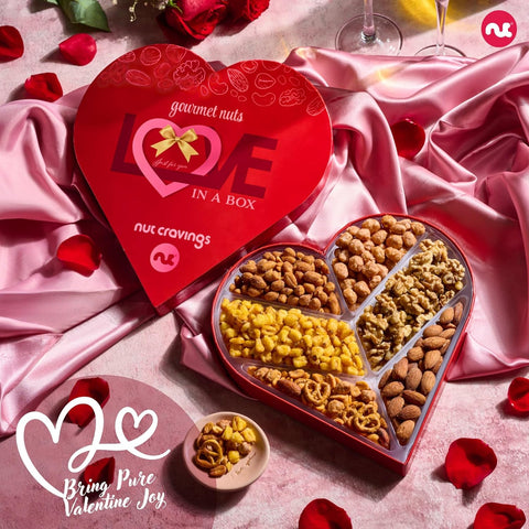 Gourmet  Treats - Mixed Nuts Heart Shaped Gift Basket, Love in A Box (6 Assortments)