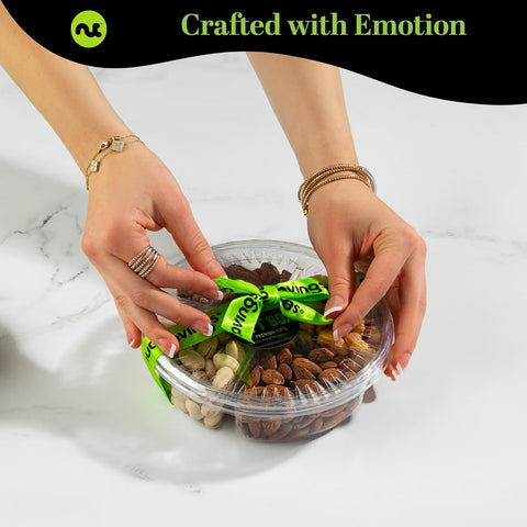 Gourmet  Treats - Mixed Nuts Gift Basket + Green Ribbon (4 Assortments)