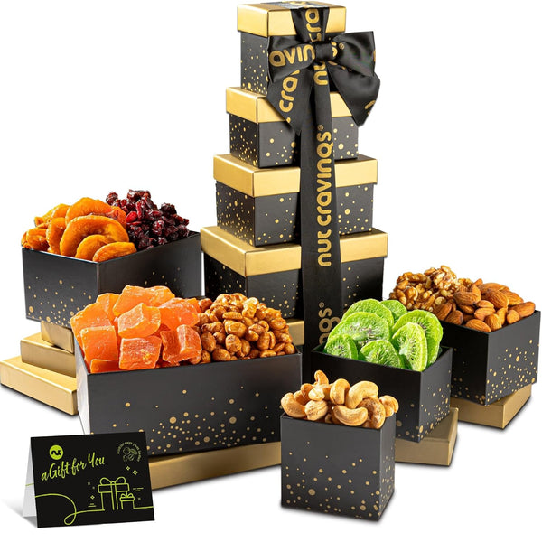 Gourmet  Treats - Dried Fruit & Mixed Nuts Gift Basket, in Black Tower + Ribbon (8 Assortments)