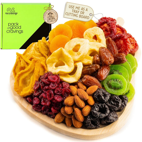 Dried Fruit & Mixed Nuts Gift Basket in Wooden Pear-Shaped Tray (9 Assortments)