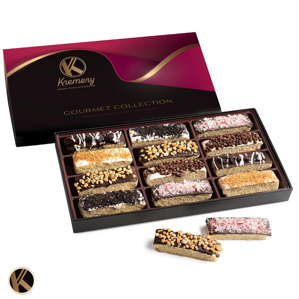 Creamy Chocolate Cravings -  Chocolate Covered Biscotti Cookies Gift Basket, in Elegant Gift Box (12 Biscotties, Assorted Sweet Toppings)