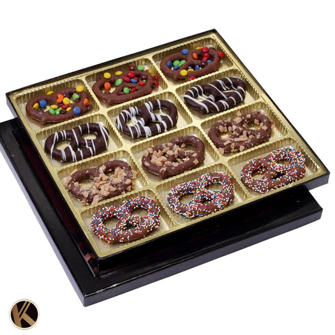 Creamy Chocolate Cravings -  Chocolate Covered Pretzel Twists Gift Basket, in Sectional Gift Box (12 Pretzels, Assorted Sweet Toppings)