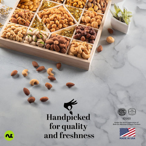 Gourmet  Treats - Mixed Nuts Gift Basket in Reusable Diamond Wooden Tray + Green Ribbon (13 Assortments)