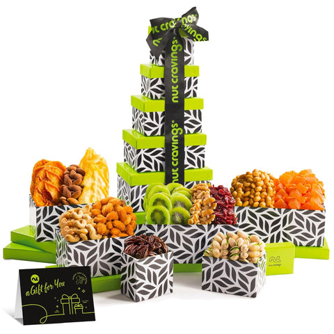 Gourmet  Treats - Dried Fruit & Mixed Nuts Gift Basket Leaf Tower + Ribbon (12 Assortments)
