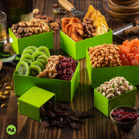 Gourmet  Treats - Dried Fruit & Mixed Nuts Gift Basket in Black Tower + Ribbon (12 Assortments)