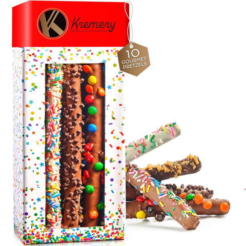 Creamy Chocolate Cravings -  Chocolate Covered Pretzel Rods Gift Basket, in Confetti Tower (10 Pretzels, Assorted Sweet Toppings)