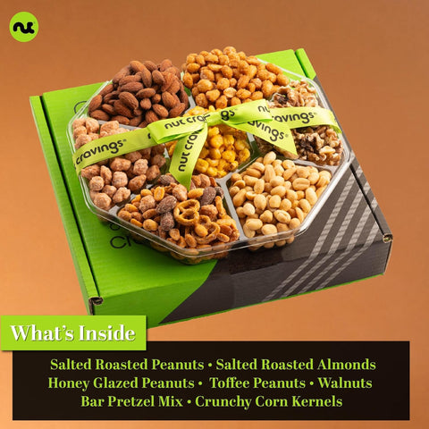 Gourmet  Treats - Mixed Nuts Gift Basket + Green Ribbon Classic (7 Assortments, 1 LB)