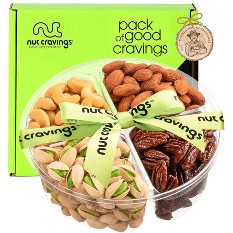 Gourmet  Treats - Mixed Nuts Gift Basket + Green Ribbon (4 Assortments)