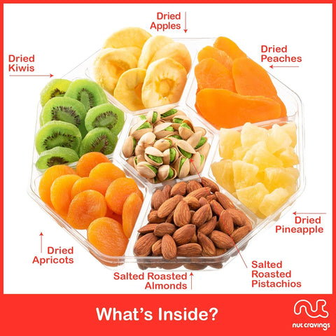 Gourmet  Treats - Dried Fruit & Mixed Nuts Gift Basket in Red Box (7 Assortments, 2 LB) Food Arrangement, Healthy Snack Care Package, Kosher