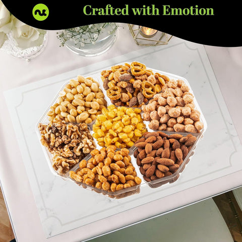 Gourmet  Treats - Mixed Nuts Gift Basket + Green Ribbon Classic (7 Assortments, 1 LB)