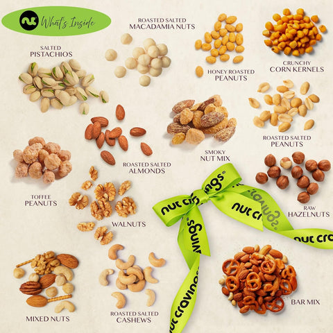 Gourmet  Treats - Mixed Nuts Gift Basket in Reusable Diamond Wooden Tray + Green Ribbon (13 Assortments)
