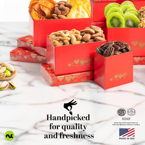 Gourmet  Treats - Dried Fruit & Mixed Nuts Gift Basket Green Tower + Ribbon (12 Assortments) 