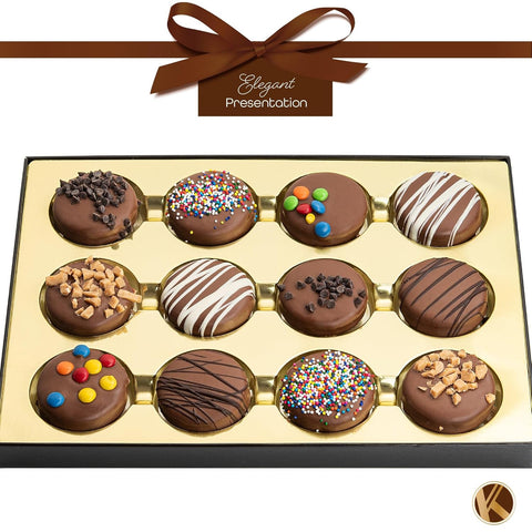 Creamy Chocolate Cravings -  Chocolate Covered Sandwich Cookies & Cream Gift Basket, in Sectional Gift Box (12 Cookies, Assorted Sweet Toppings) 