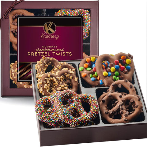 Creamy Chocolate Cravings -  Chocolate Covered Pretzel Twists Gift Basket, in Brown Gift Box (12 Pretzels, Assorted Sweet Toppings)