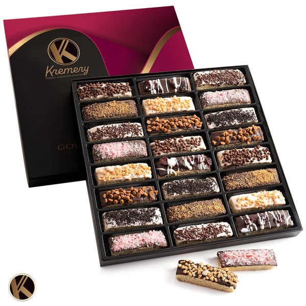 Creamy Chocolate Cravings -  Chocolate Covered Biscotti Cookies Gift Basket, in Elegant Gift Box (24 Biscotties, Assorted Sweet Toppings)