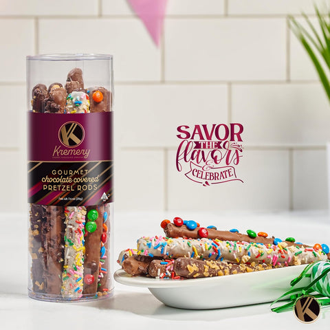 Creamy Chocolate Cravings -  Chocolate Covered Pretzel Rods Gift Basket, in Clear Tube (8 Pretzels, Assorted Sweet Toppings)