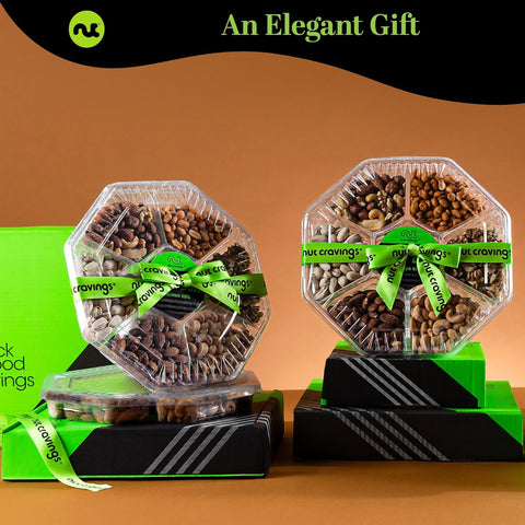 Gourmet  Treats - Mixed Nuts Gift Basket + Green Ribbon (7 Assortments, 2.2 LB)