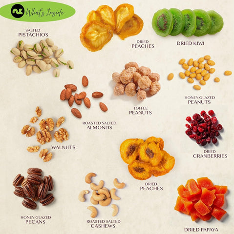 Gourmet  Treats - Dried Fruit & Mixed Nuts Gift Basket in Black Tower + Ribbon (12 Assortments)