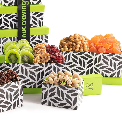 Gourmet  Treats - Dried Fruit & Mixed Nuts Gift Basket Leaf Tower + Ribbon (12 Assortments)