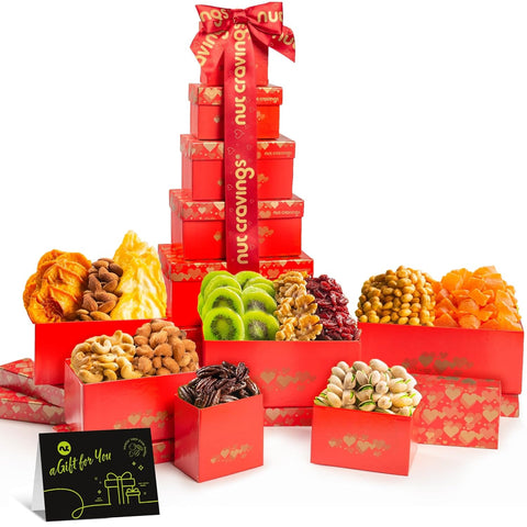 Gourmet  Treats - Dried Fruit & Mixed Nuts Gift Basket Green Tower + Ribbon (12 Assortments) 