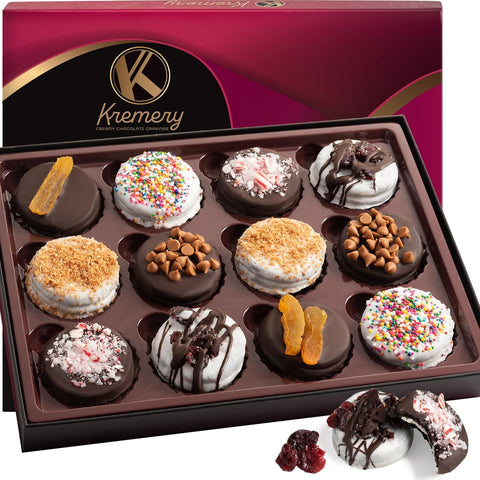 Creamy Chocolate Cravings -  Chocolate Covered Sandwich Cookies & Cream Gift Basket, in Elegant Gift Box (12 Cookies, Assorted Sweet Toppings)