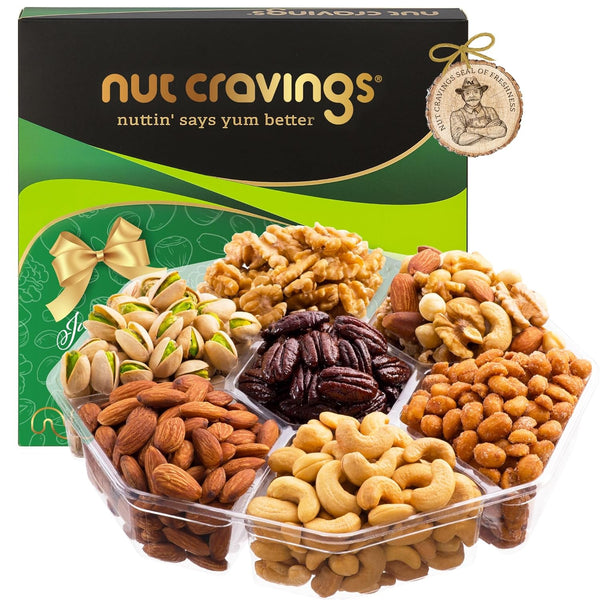 Gourmet  Treats - Mixed Nuts Gift Basket in Green Gold Box (7 Assortments, 2 LB)