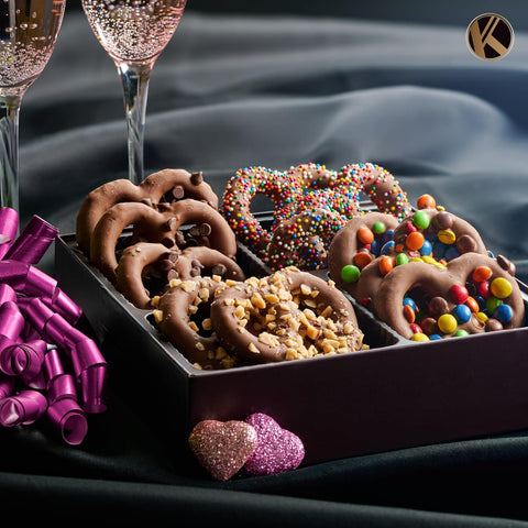 Creamy Chocolate Cravings -  Chocolate Covered Pretzel Twists Gift Basket, in Brown Gift Box (12 Pretzels, Assorted Sweet Toppings)