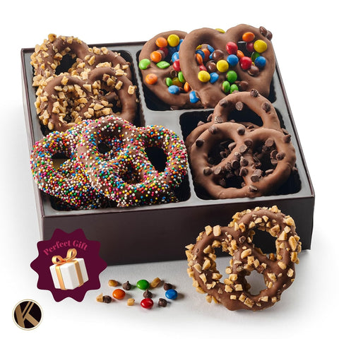 Creamy Chocolate Cravings -  Chocolate Covered Pretzel Twists Gift Basket, in Brown Gift Box (12 Pretzels, Assorted Sweet Toppings)