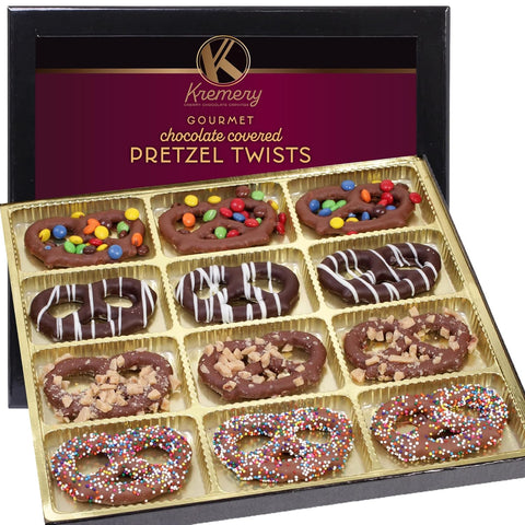 Creamy Chocolate Cravings -  Chocolate Covered Pretzel Twists Gift Basket, in Sectional Gift Box (12 Pretzels, Assorted Sweet Toppings)